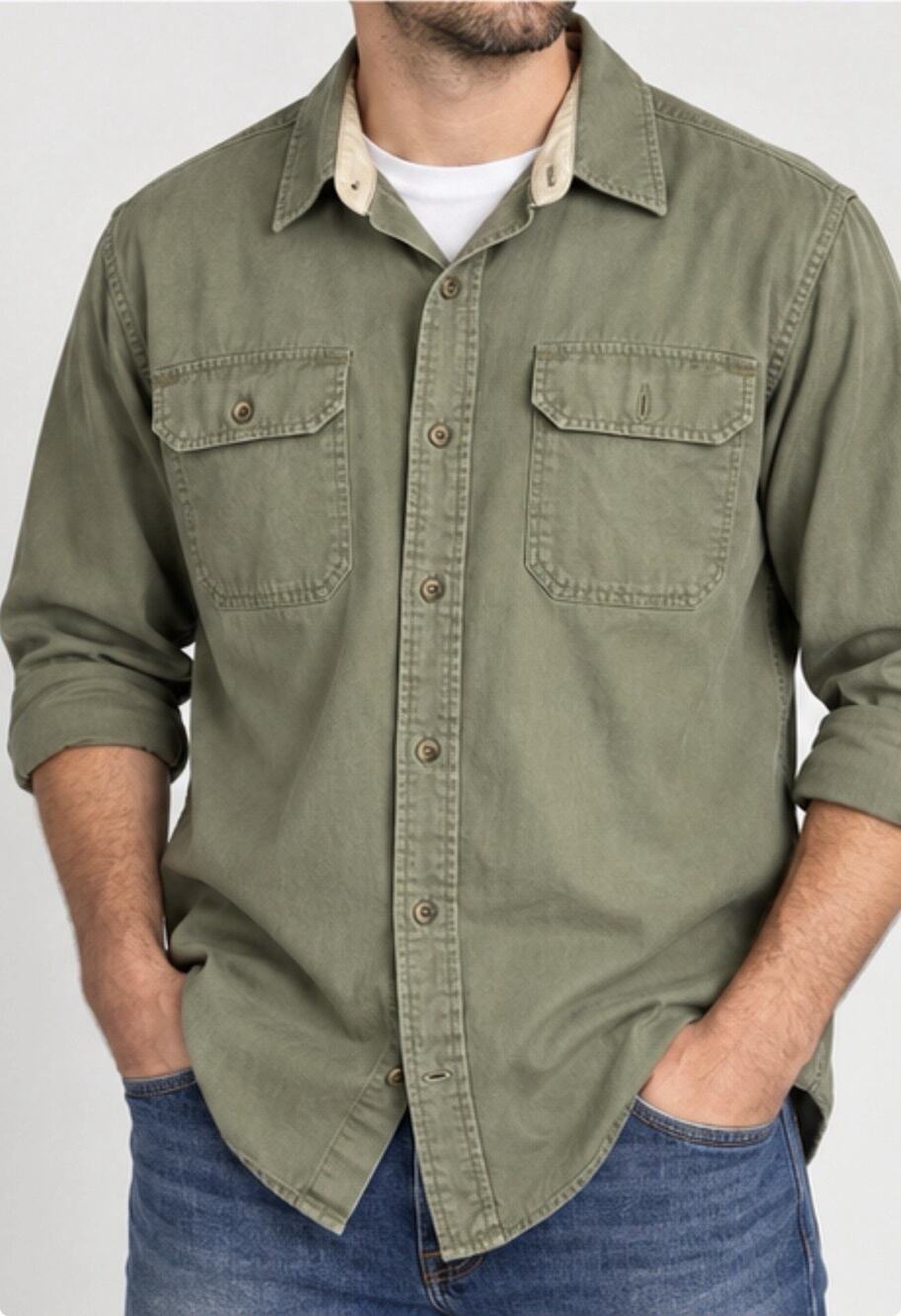 Wrangler Premium Quality Mens Shirt Large Olive Green Long Sleeve Utility